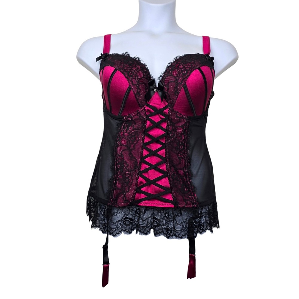 Lovehoney Womens Pink Black Lace Corset Bustier Garter Lingerie Top Size 3X / 4X